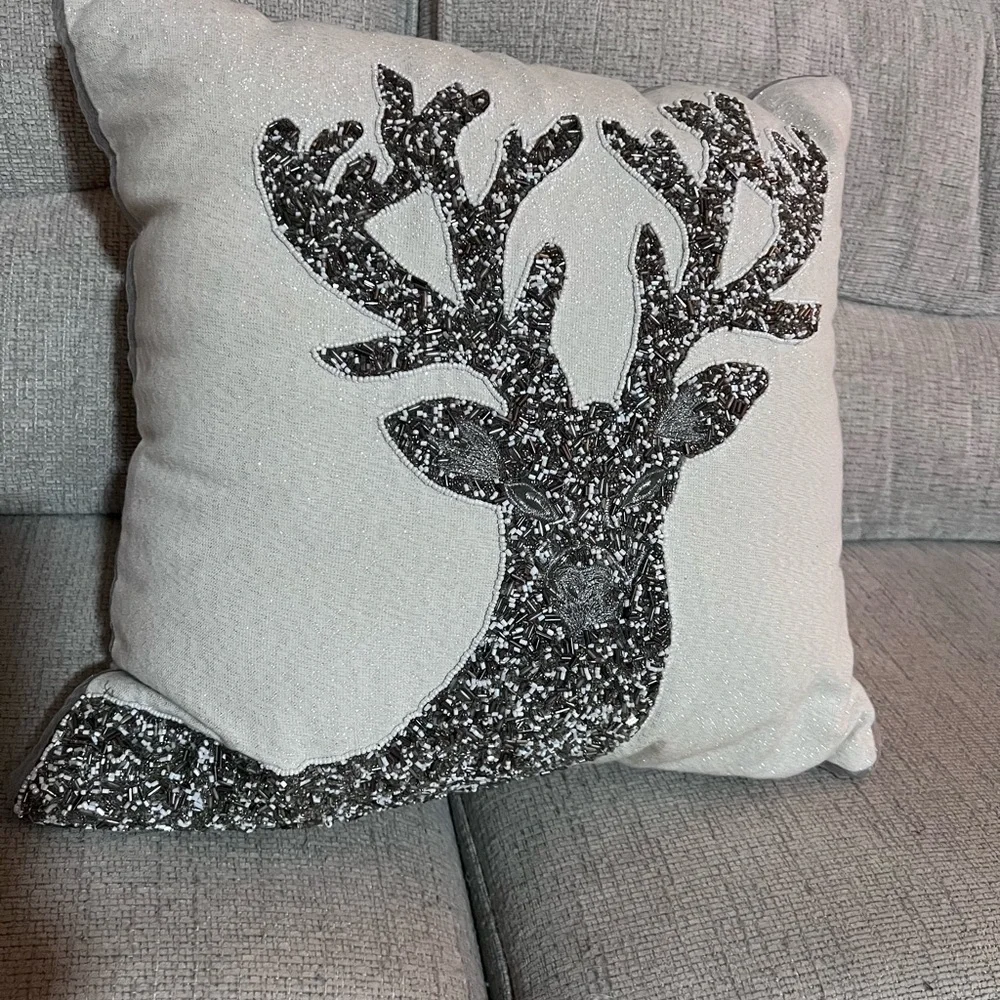 Pier One Elegant Silver beaded Reindeer/ Stag Holiday/Christmas Pillow 18X18
